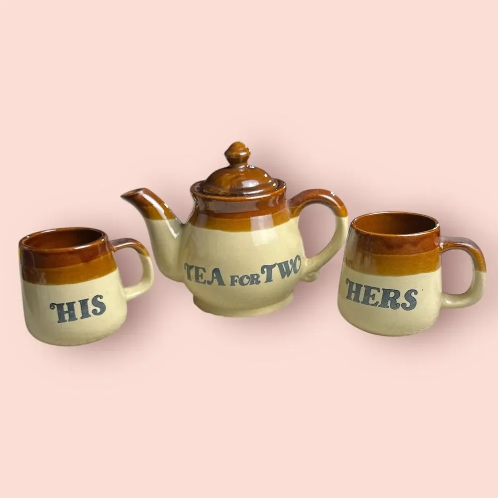 Vintage Tea for Two Teapot His & Hers Mug Earthenware Anniversary Couple Gift